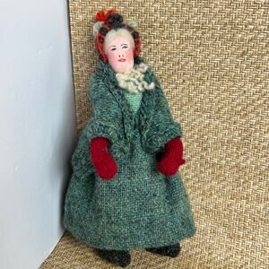 Vintage Handmade Wool Doll 7.5" Folk Art Cloth Doll Green Coat Mittens